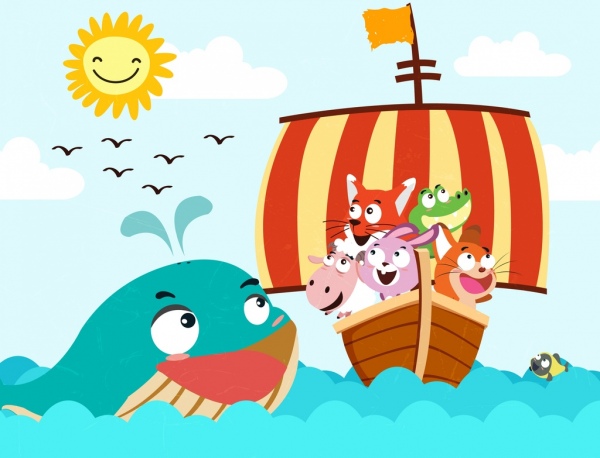 Viaje dibujando animales barcos mar iconos de dibujos animados lindo