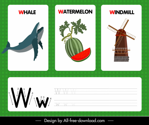w alfabeto modelo de ensino baleia melancia esboço moinho de vento