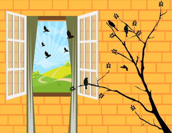 le modèle 3d fenêtre arbre mur décor oiseaux icônes
