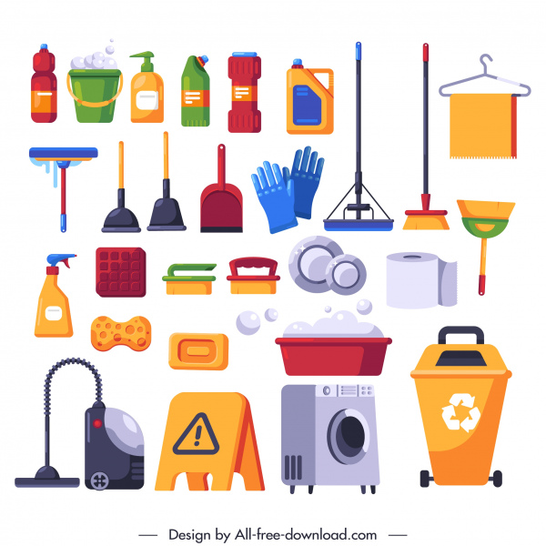 Waschwerkzeuge Icons bunte flache Skizze