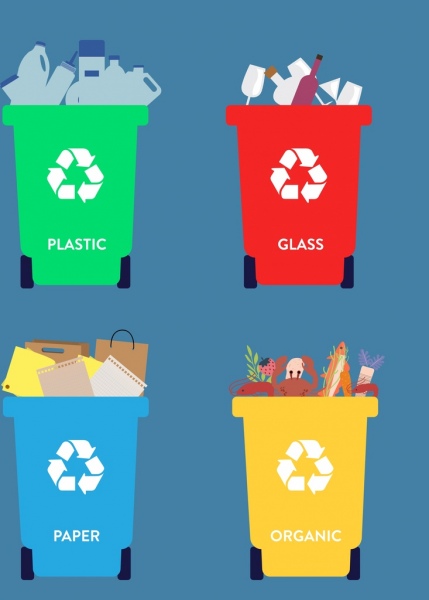 coleção de ícones de classificação de resíduos multicoloridos desenha ícones do caixote do lixo