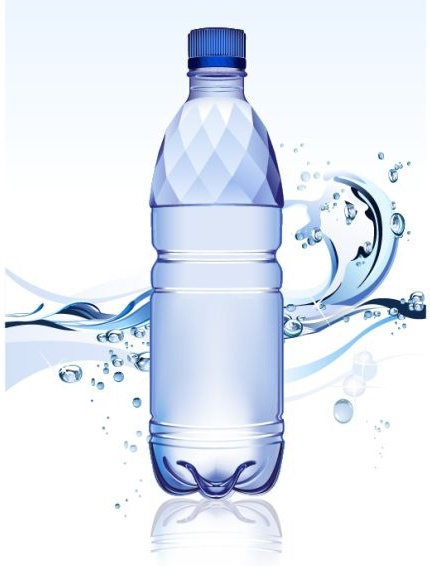 botol air iklan latar belakang biru cair gelembung ornamen