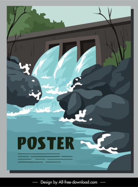 水壩建築海報運動卡通素描。