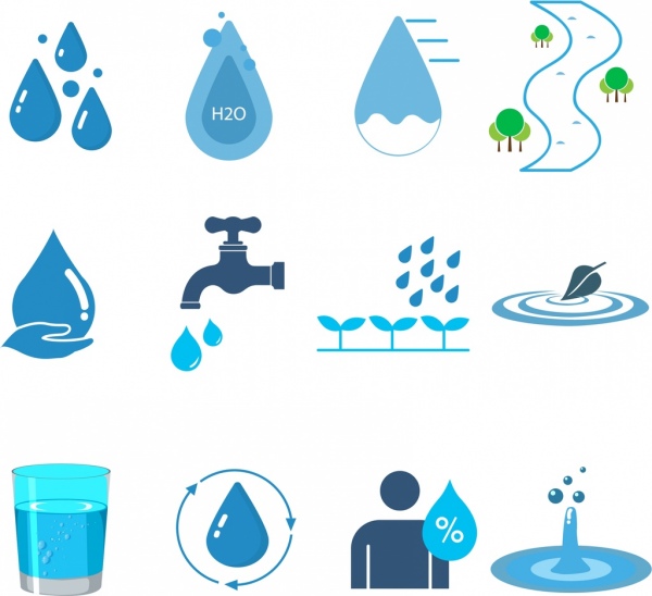 elementos de design água vários ícones azuis