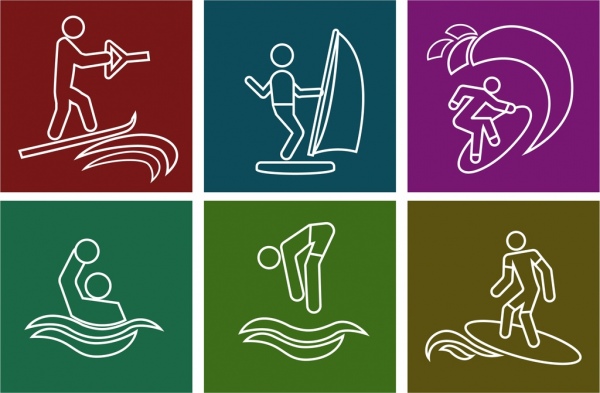 gli sport d'acqua icone raccolta bianco silhouette simboli isolamento