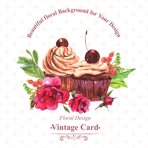 cupcakes de acuarela con el vector de tarjeta vintage