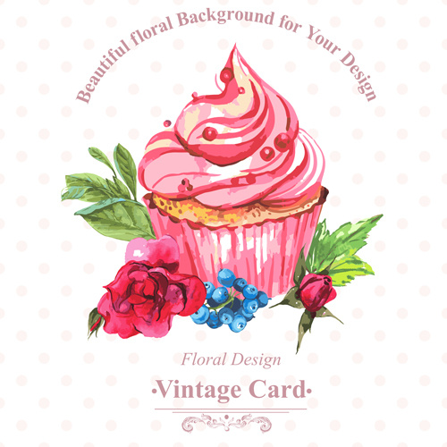 Watercolor cupcakes với thẻ vintage vector
