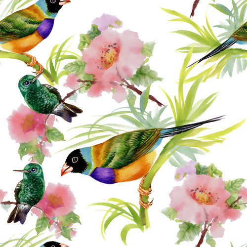 Watercolor Drawn Birds With Flowers Vector Design