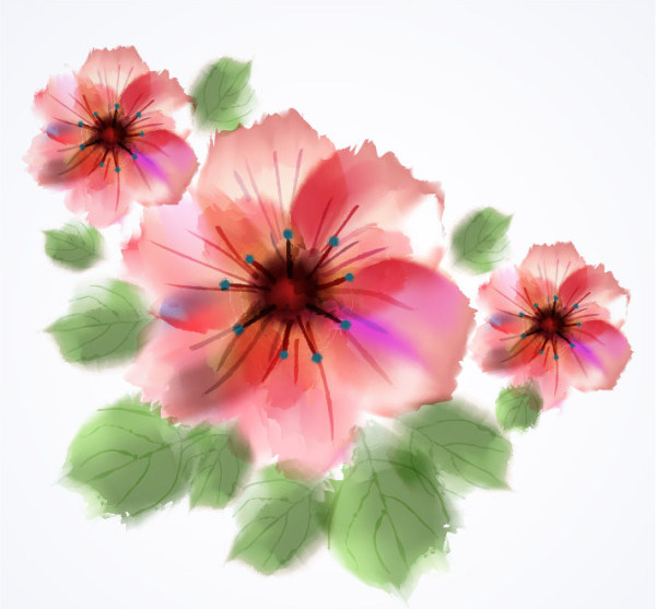 sulu boya pembe çiçek el çizilmiş vektör