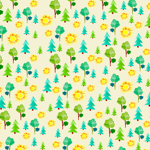 수채화 나무와 태양 패턴