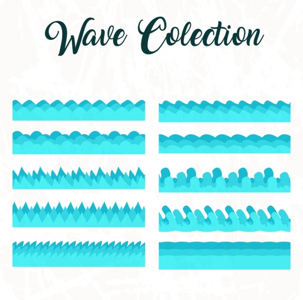 design de plano onda ícones coleção azul