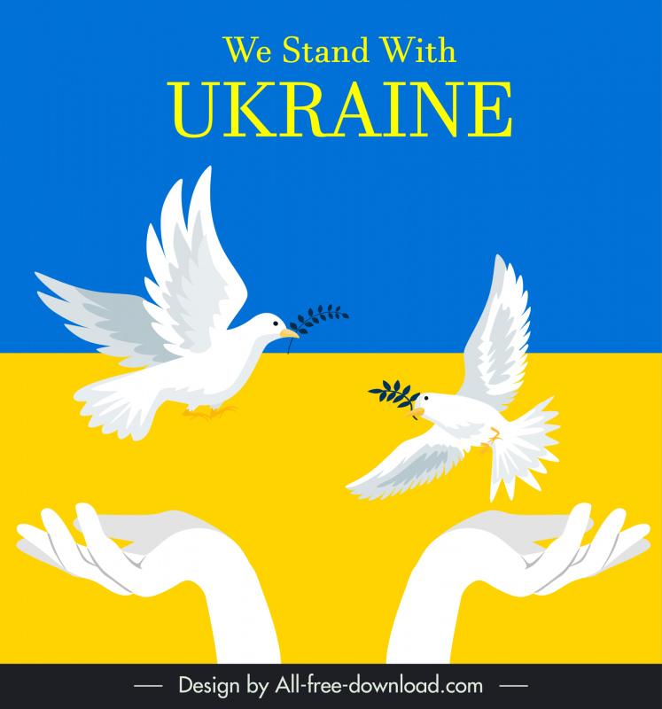 Kami berdiri dengan Ukraina banner template merpati tangan sketsa datar