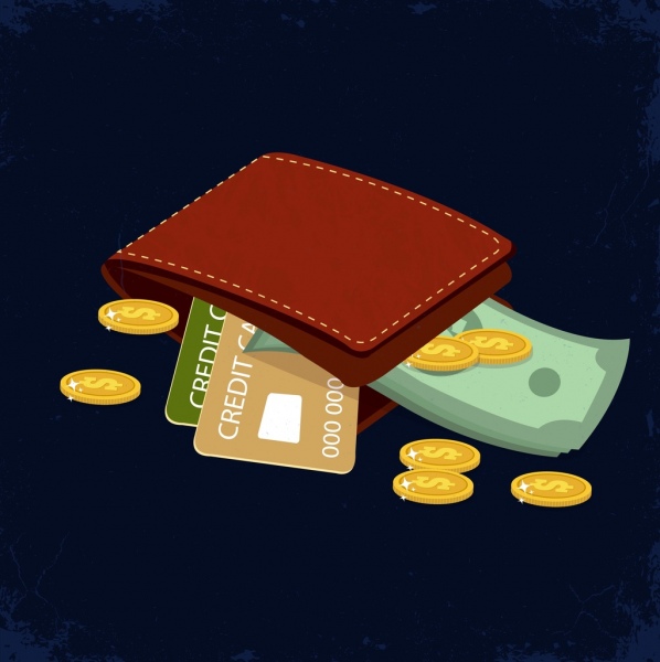 Icone di soldi di carta di credito di portafoglio di sfondo di concetto di ricchezza