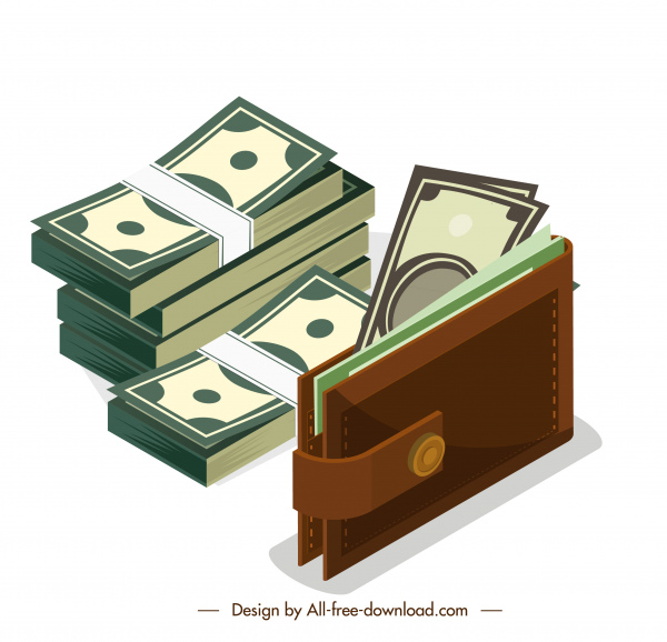 Elementos de diseño de riqueza Boceto de billetera de efectivo Diseño 3D