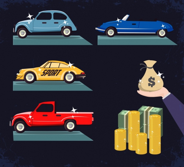 ícones de dinheiro de carros de luxo riqueza projeto de elementos