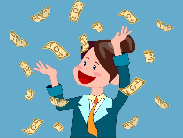 богатые концептуальный рисунок счастливая женщина деньги значки
