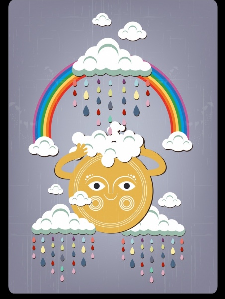 Cuaca latar belakang warna-warni pelangi bergaya matahari awan ikon