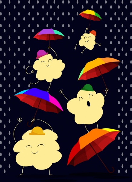 Tiempo de fondo colorido paraguas de nube estilizada lluvia iconos