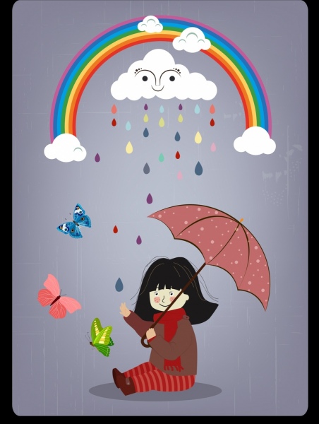tempo fundo garota arco-íris estilizado ícones de guarda-chuva de nuvens