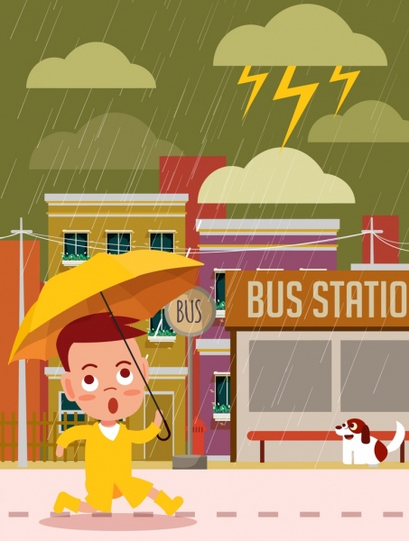 天気予報背景の子供傘雨アイコン漫画のデザイン