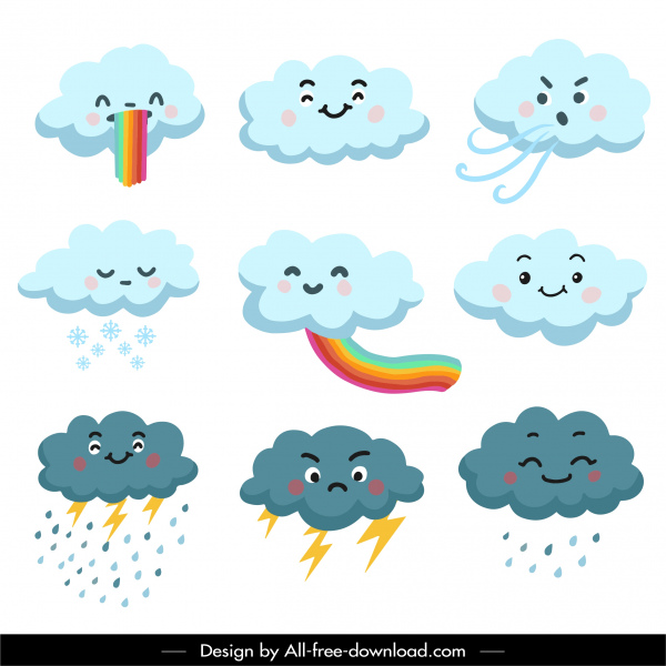 ícones nuvens meteorológicas bonito esboço de desenho animado estilizado