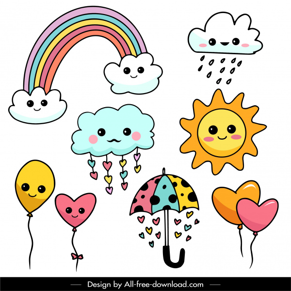 WetterDekor Elemente bunte flache niedliche stilisierte handgezeichnete Symbole