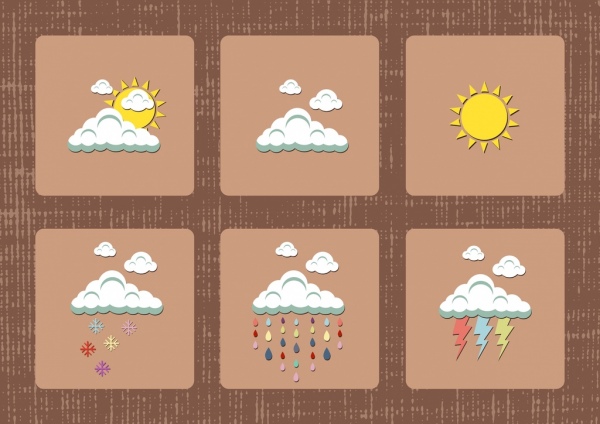 Elementos de diseño de la iluminación de la nube de lluvia, sol y clima iconos