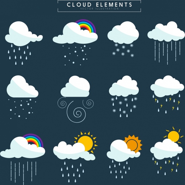 الطقس عناصر التصميم الغيوم والشمس مطر ثلج الايقونات