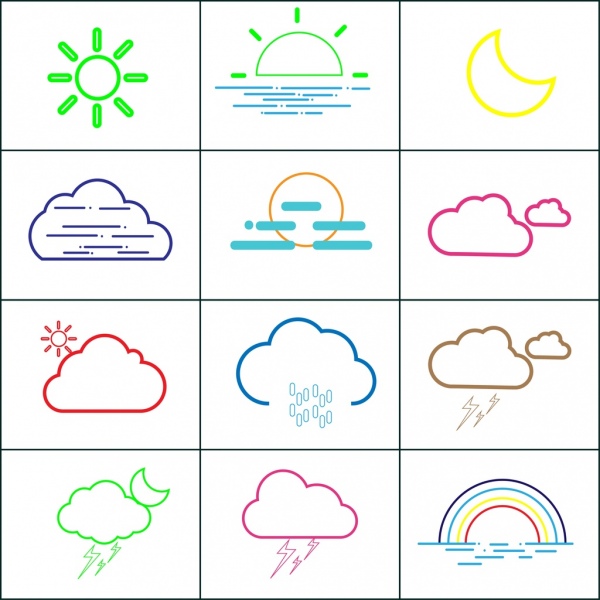 unsur-unsur desain cuaca garis besar berbagai dekorasi berwarna simbol