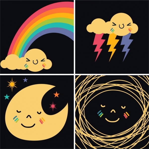 pogoda elementy projektu, rainbow chmura księżyc piorun ikony