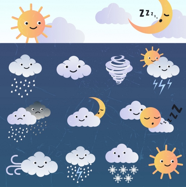 conception des éléments météorologiques sun moon stylisé, icônes de nuages