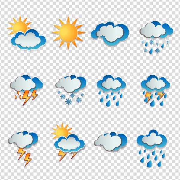 Los iconos del tiempo nublan símbolos de lluvia sol nieve trueno