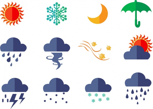 ikon cuaca elemen desain berbagai datar berwarna gaya