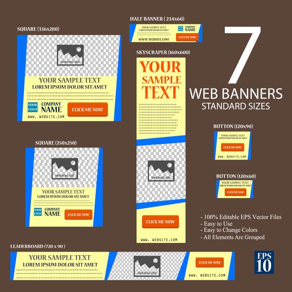 веб-баннеры устанавливает иллюстрации с семь стандартных размеров