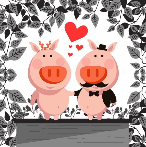 latar belakang pernikahan lucu babi pasangan ikon bergaya kartun