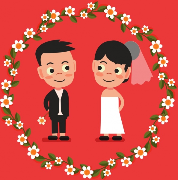 Fondo de boda novio iconos de guirnalda de flores de novia