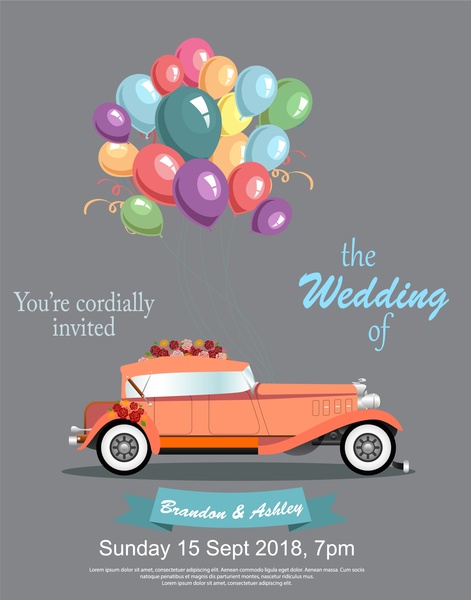 pernikahan spanduk desain dengan mobil vintage dan balon
