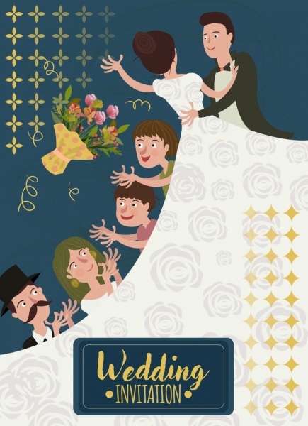projeto dos desenhos animados de casamento banner noivo noiva convidados ícones