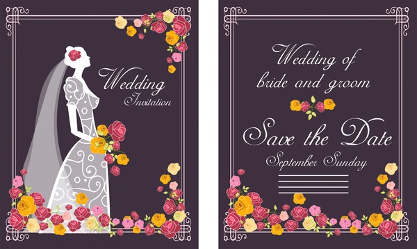 Свадебные цветы дизайн карты невеста на темном фоне