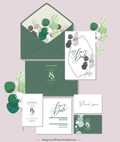 elementos de decoración de la tarjeta de boda retro elegante hojas dibujadas a mano