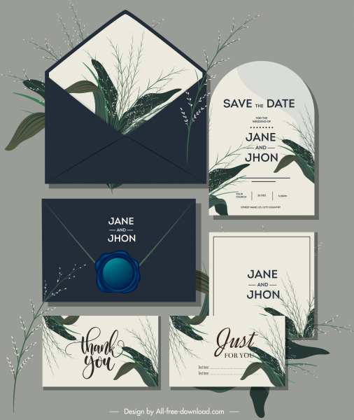 düğün kartı dekor şablonları zarif botanik bitkiler tasarım