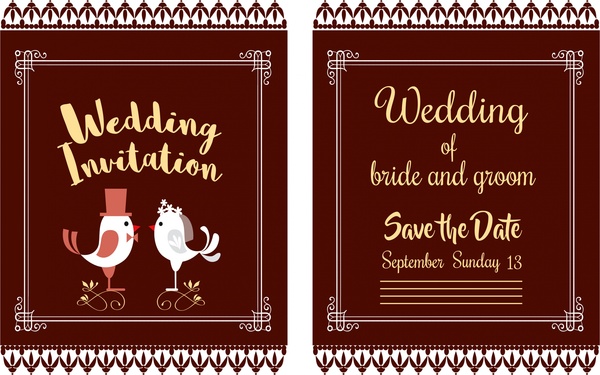 結婚式のカードは鳥のカップルと古典的なスタイルをデザインします。