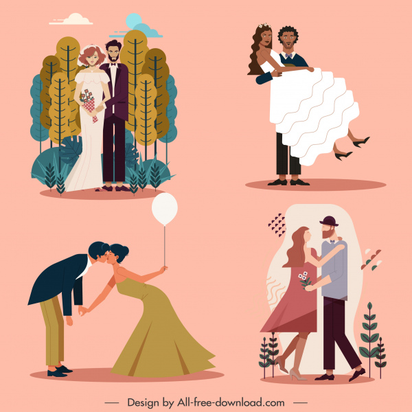 카드 디자인 요소 고전적인 결혼 웨딩 커플 스케치
