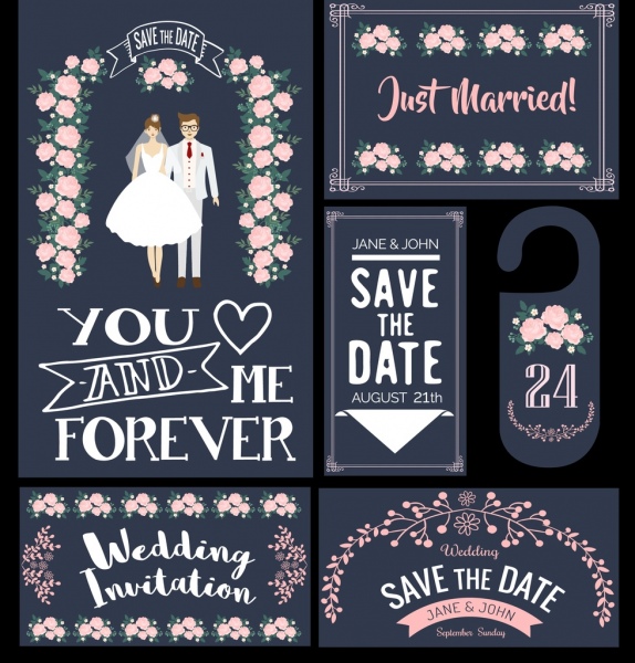結婚式カード デザイン要素の古典的な花カップル インテリア