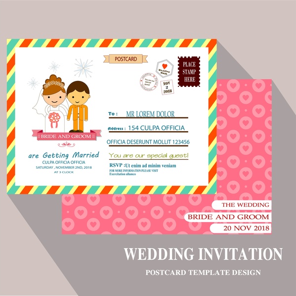 design de cartão com o modelo de cartão-postal do casamento