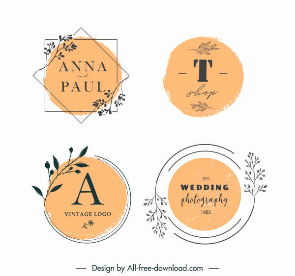 plantillas de logotipos de tarjetas de boda elegantes plantas retro dibujadas a mano