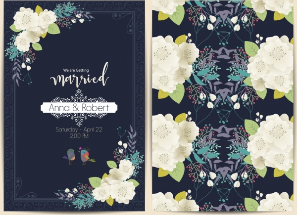 婚礼卡片模板盛开的鲜花装饰黑暗的设计