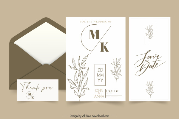 modelo cartão de casamento brilhante design clássico folhas desenhadas à mão