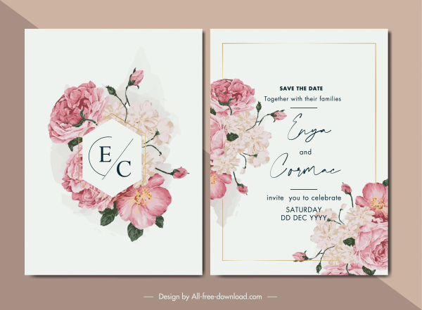 düğün kartı şablonu parlak zarif klasik çiçek dekor