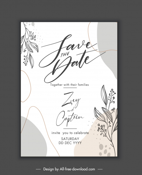 düğün kartı şablonu klasik zarif handdrawn botanik dekor